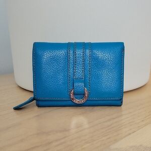 Danier Compact Blue Pebbled Leather Trifold Wallet with Silver Hardware